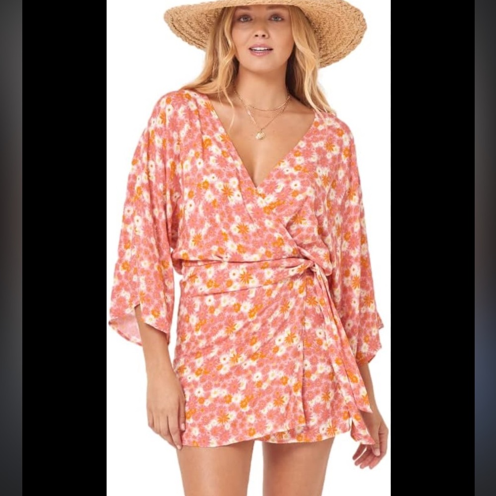 L*SPACE Pfeiffer Cover Up Women Sz M Into The Tropics Mini Wrap Dress Swim Beach